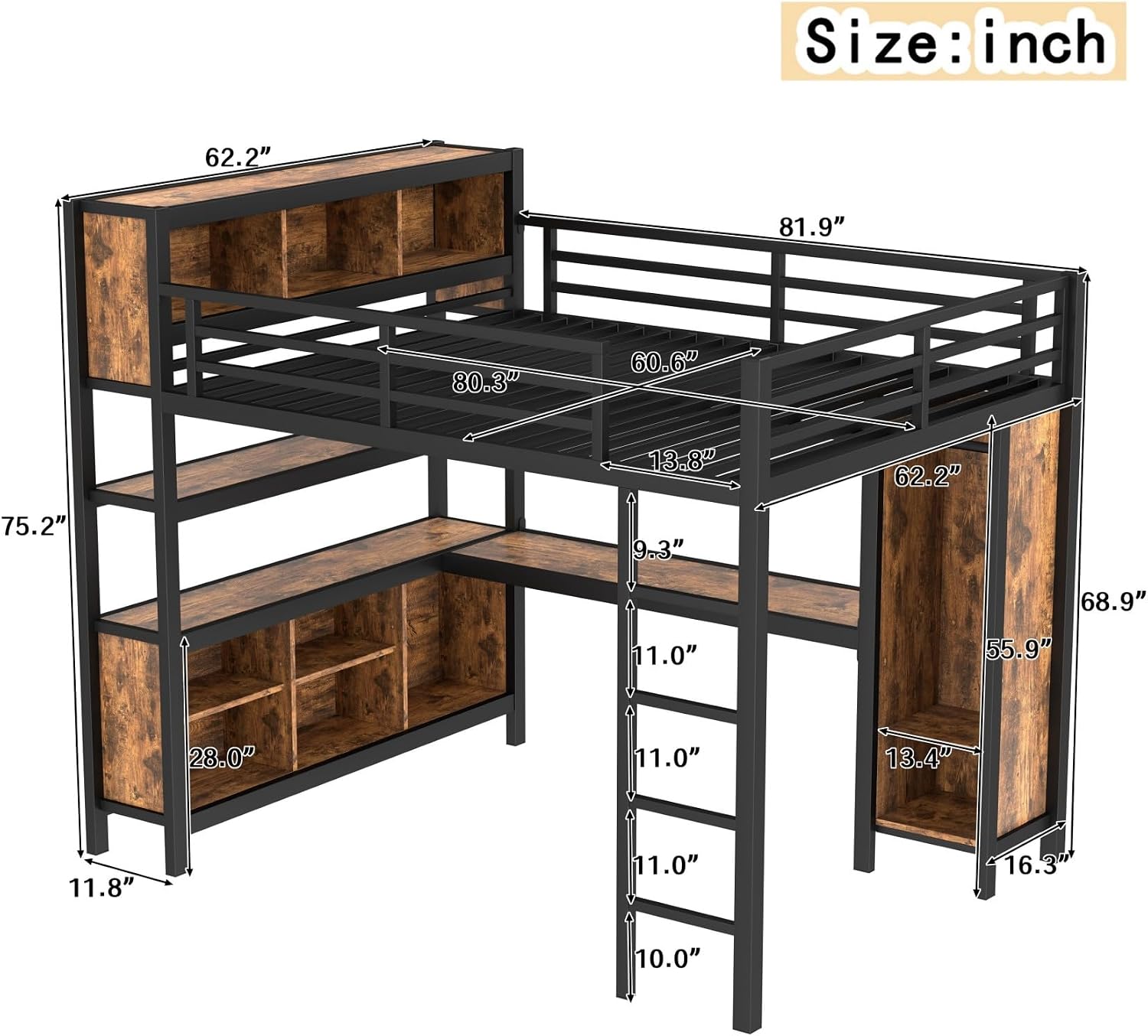 KEIKI Metal Queen Size Loft Bed Frame with Built-in L Shaped Desk, Wardrobe, Stairs, Storage Cubes & Shelves for Kids Teens Adults, No Box Spring Needed