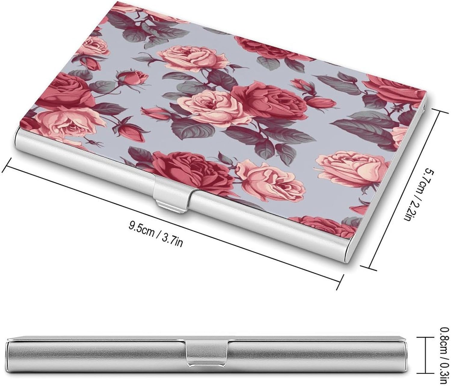 Red Roses Floral Business Card Holder Slim Large Capacity Flip Cover Business Cards Case Lightweight Waterproof Aluminum Alloy Pocket Card Holder for Women Men