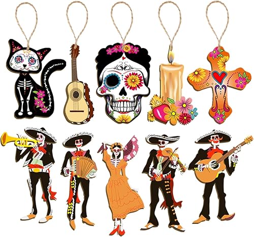 CMUSKO Dia De Los Muertos - 30 adornos de madera para el Día de los Muertos, letrero de madera colgante de calavera de azúcar, adornos para árbol de