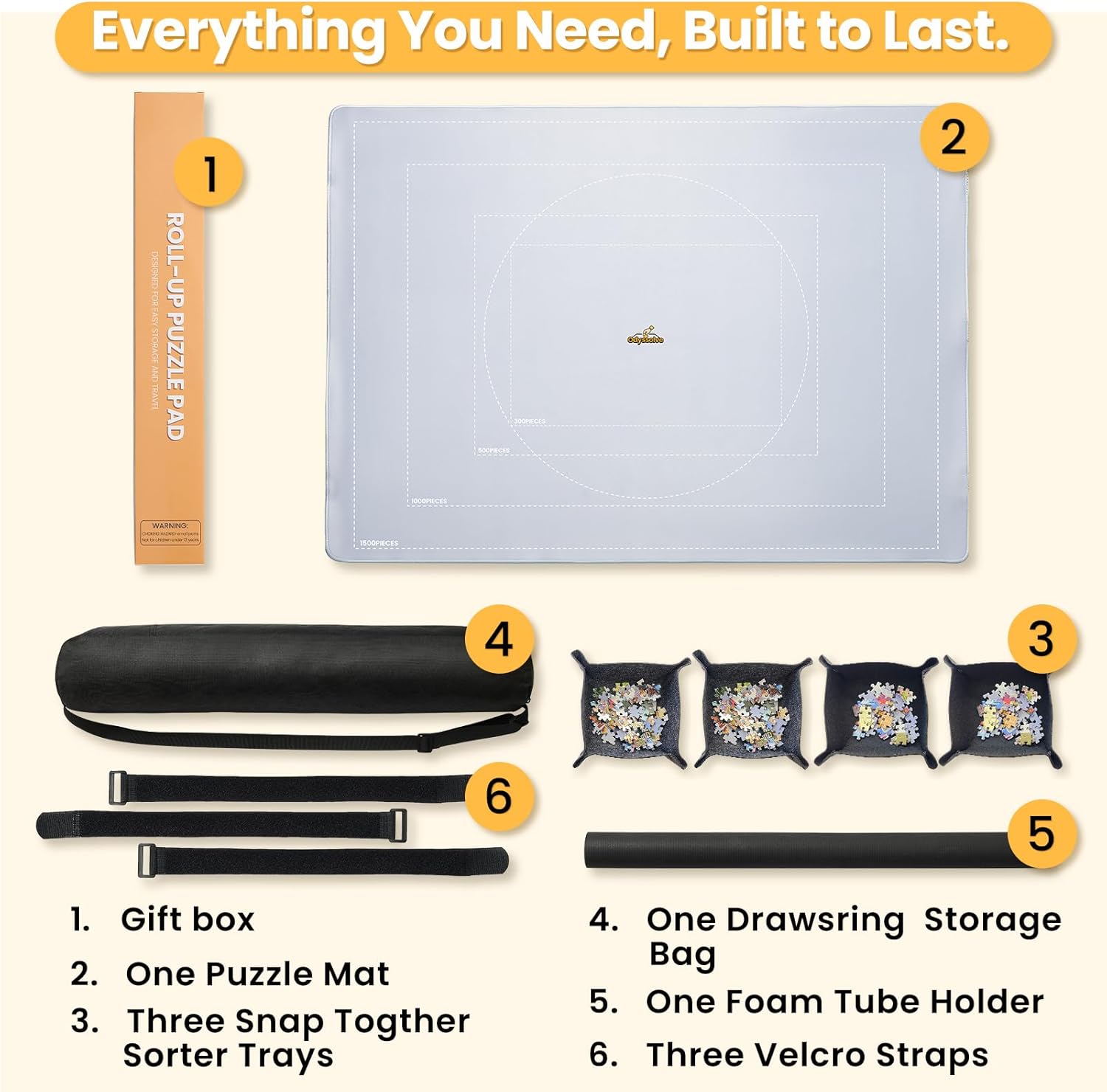 Jigsaw Puzzle Mat Roll Up 500 Pieces Saver Pad 33.5" x 25.6" with 4 Sorting Trays & Travel Storage Bag Portable Non-Slip Rubber Bottom