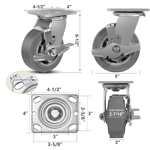 Miniatura 2 de NINOSO Ruedas giratorias de 5 pulgadas, ruedas rígidas de goma resistentes, juego de 4 ruedas giratorias industriales con ruedas de freno para