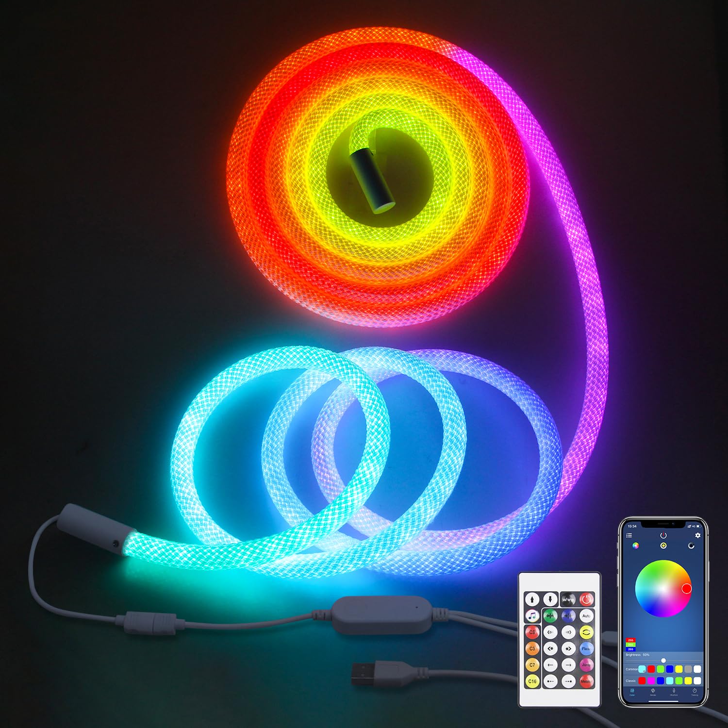 ALITOVE WS2811 RGB IC Neon LED Streife 5M 360° Leuchtende Runde Retikulierte USB Neon Light IP67 APP Steuerbar Musik Sync IR Dimmer für Schlafzimmer Zuhause DIY-Beleuchtung