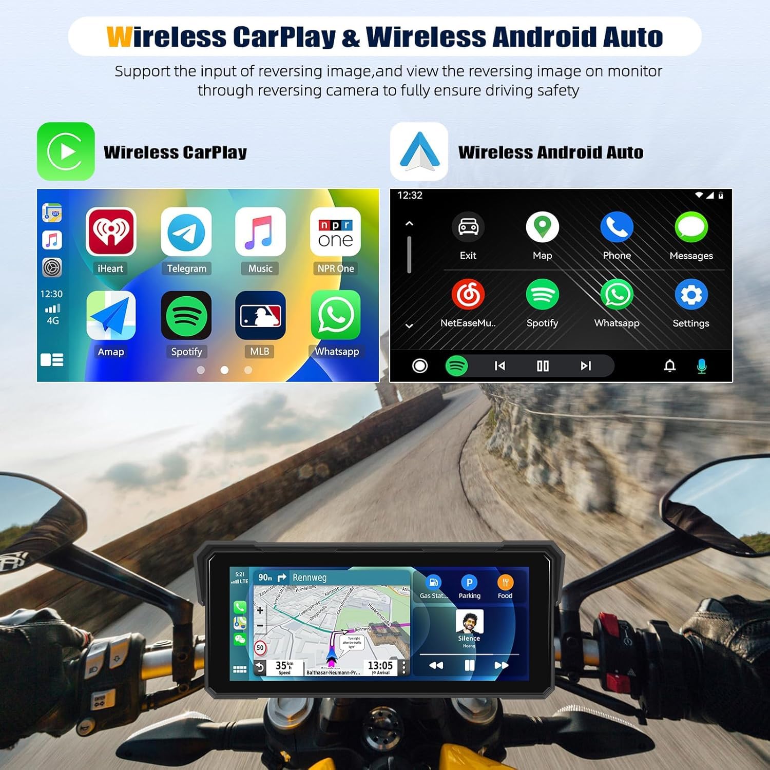 SIXTOP Écran Carplay pour Moto, CarPlay et Android Auto sans Fil pour Moto, Écran Tactile Étanche de 8,1 Pouces, Audio Bluetooth, Navigation GPS, Égaliseur, Siri