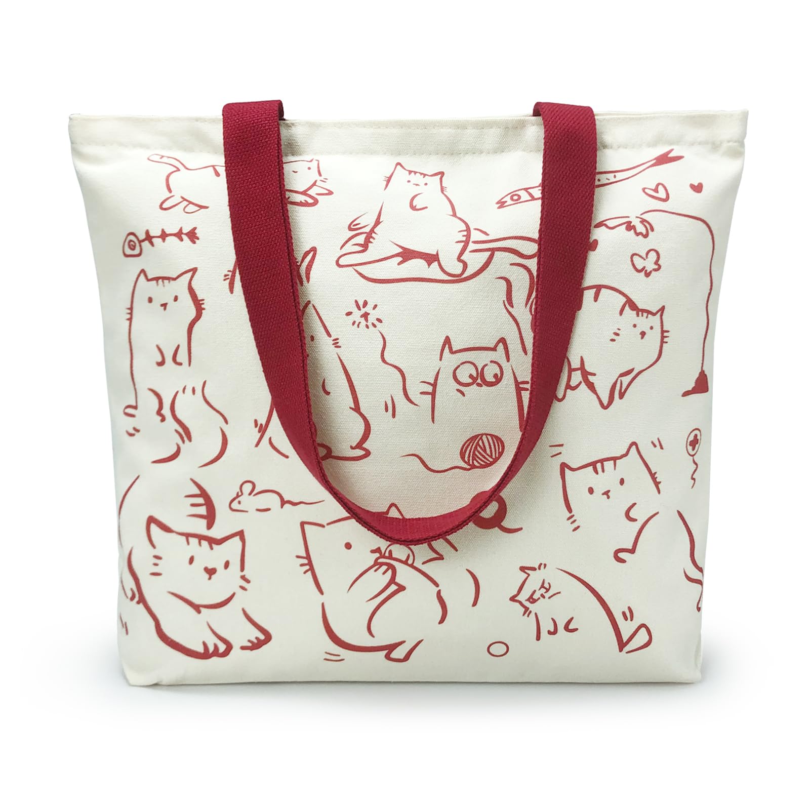 WIERAEM Cute Cat Canvas Tote Bag, with Zip and Pockets for Women, Book Tote Aesthetic, Reusable Cotton Shopping Bags
