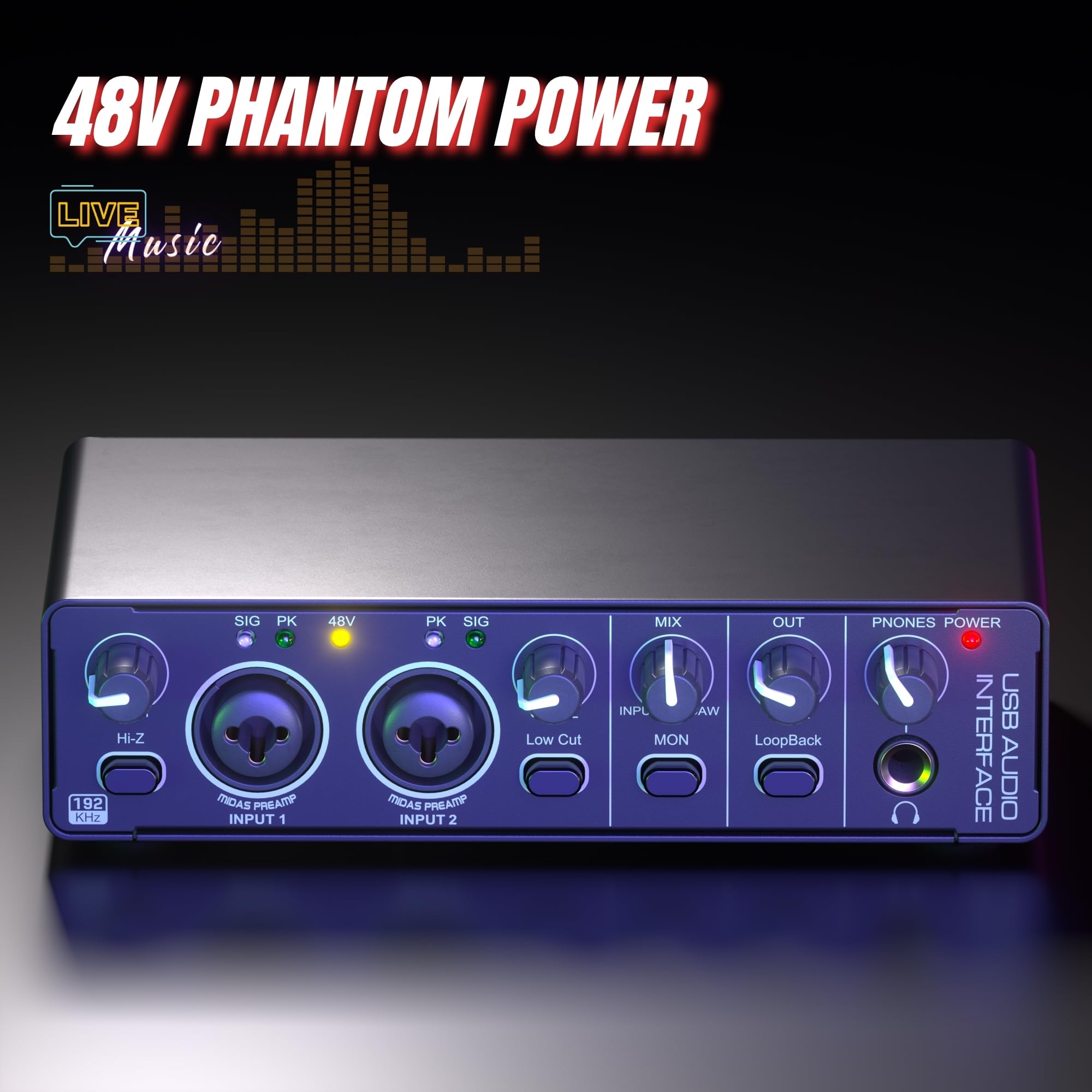 Interfaz de audio de 24 bits y 192 kHz, interfaz de audio USB 2 en 2 salidas para grabación, transmisión, podcasting con mezclador de audio profesional, preamplificador de micrófono, puertos XLR TSR
