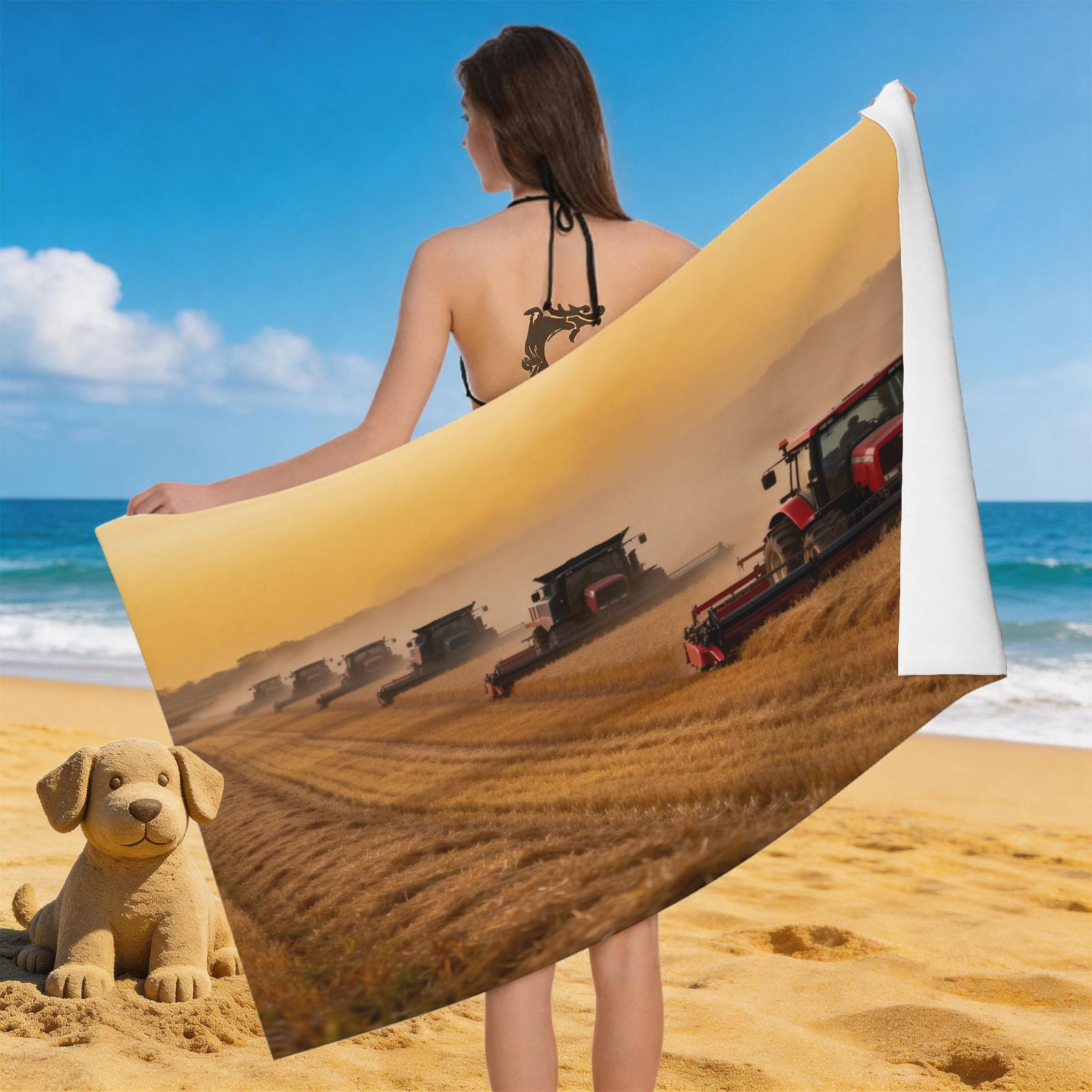 Leichong Men's Yellow 3D Harvester Beach Towel Large Microfiber Soft Quick Dry For Adults, Farm Machinery Bath Towel Lightweight Soft Absorbent For Travel Swimming Pool Sports, 180 X 90 Cm