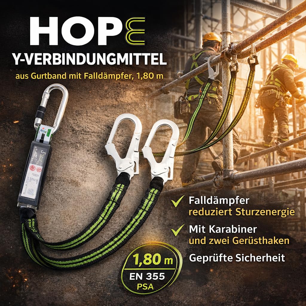 Kratos Safety Y-Verbindungsmittel aus Gurtband mit Falldämpfer, 1,80 m, mit Karabiner und Zwei Gerüsthaken, EN355, PSA