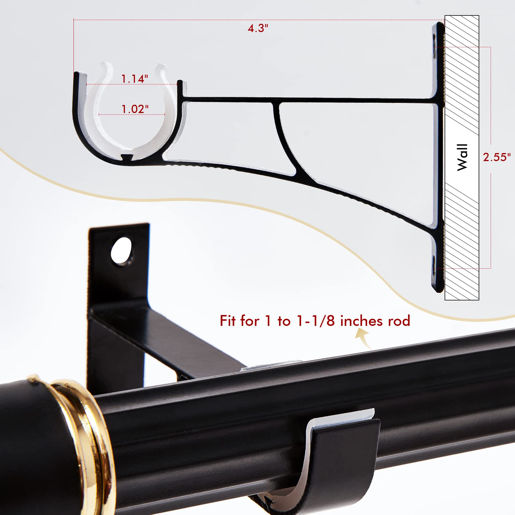 Curtain Rod Bracket, 6 Pcs Heavy Duty Curtain Rod Holders for 1 to 1 1/8 Inch Diameter Curtain Rod, Single Decorative Rod Hooks Hanger, Black1