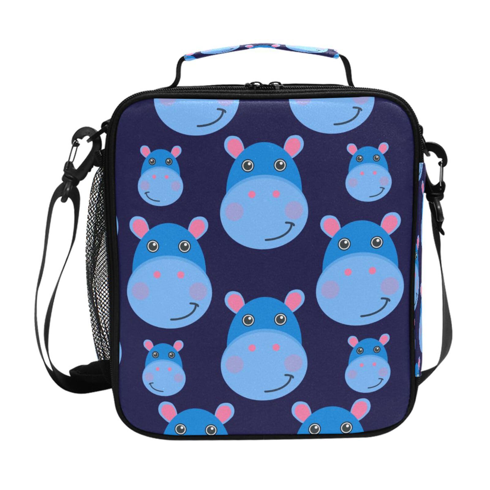 Mnsruu Cute Hippopotamus Lunch Bag Kids Insulated Lunch Box Large Tote Bag Cold Thermal Freezable Shoulder Strap for Boys Girls School Picnic