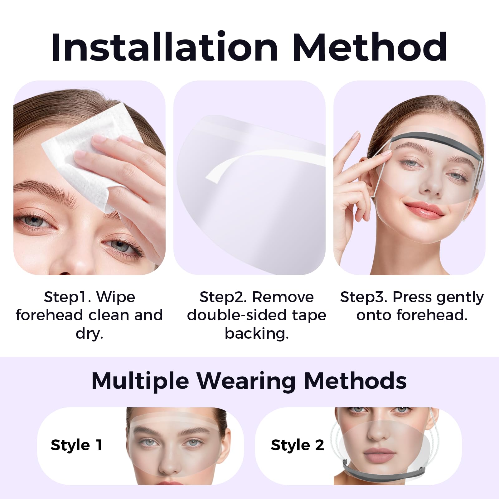 50 protectores faciales desechables con tira adhesiva, recortadora de flequillo transparente, protector de frente para el cabello, tinte para el cabello, suministros de peluquería