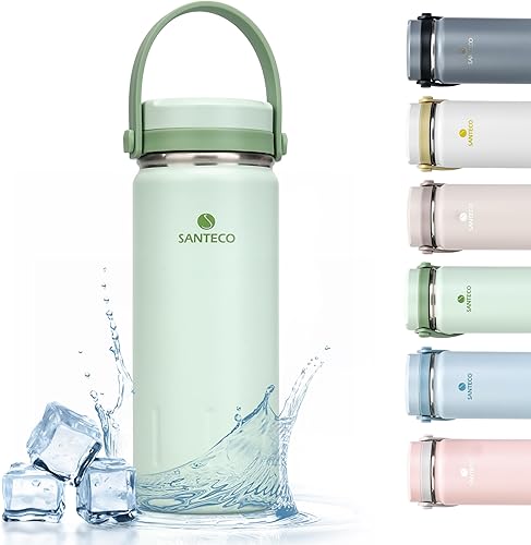 Miniatura 9 de SANTECO Botella de agua de acero inoxidable de 13 onzas con asa, doble pared aislada, botella de agua con personalidad elegante, boca ancha, diseño