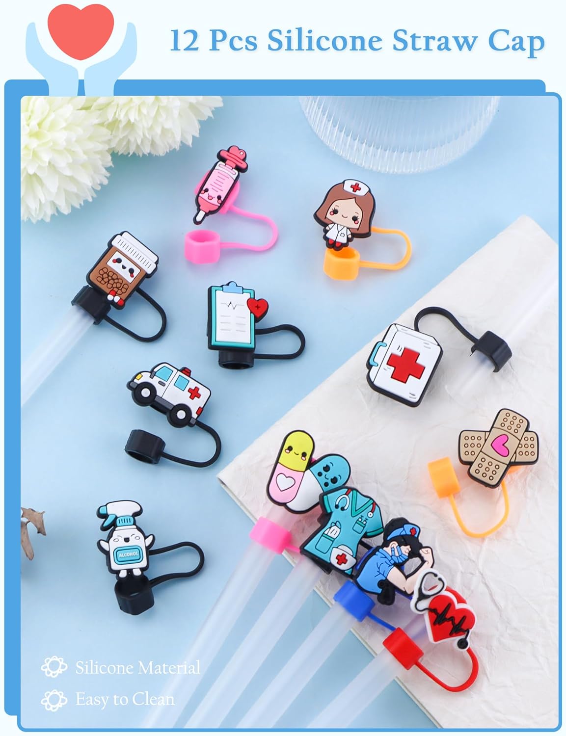 12pcs Nurse Straw Cover Caps for Stanley Cup 30&40 Oz, Tumbler with Handle, Water Bottle Silicone Straw Topper Fits 0.4in/10mm Diameter Reusable Straws - Image 4