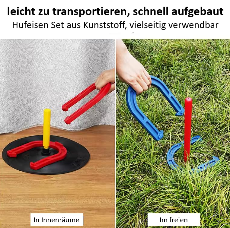 Jeu de fer à cheval - Pour l'intérieur et l'extérieur - 2 poteaux avec assiette en caoutchouc, 2 piquets de jardin, 4 fers à cheval en caoutchouc, avec sac en filet