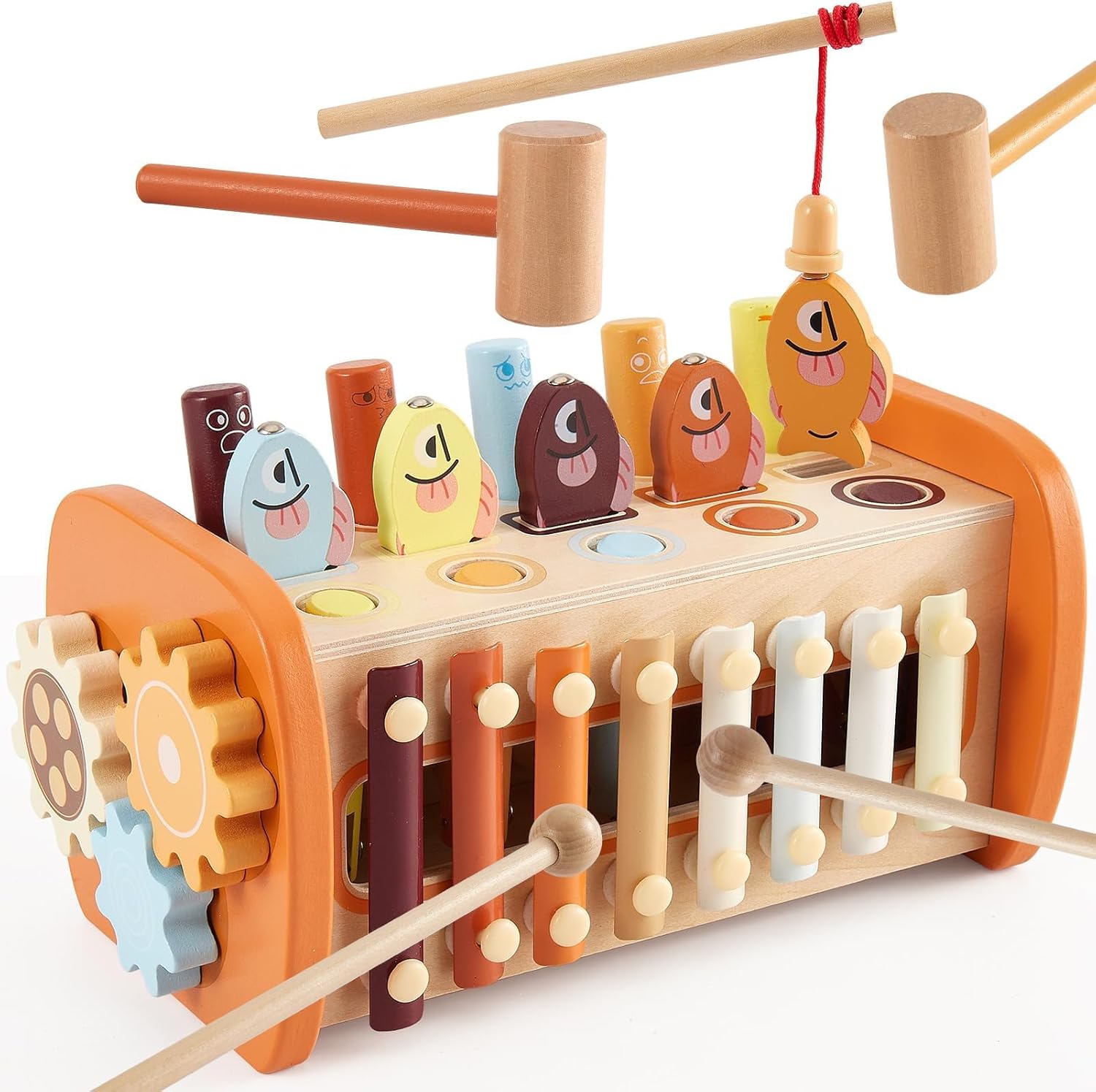 HYAKIDS Wooden Montessori Hammering Toy, 6 in 1 Baby Pounding Bench, Xylophone, Whack a mole, Learning Educational Toys, Gifts for 18+ Months Boys Girls
