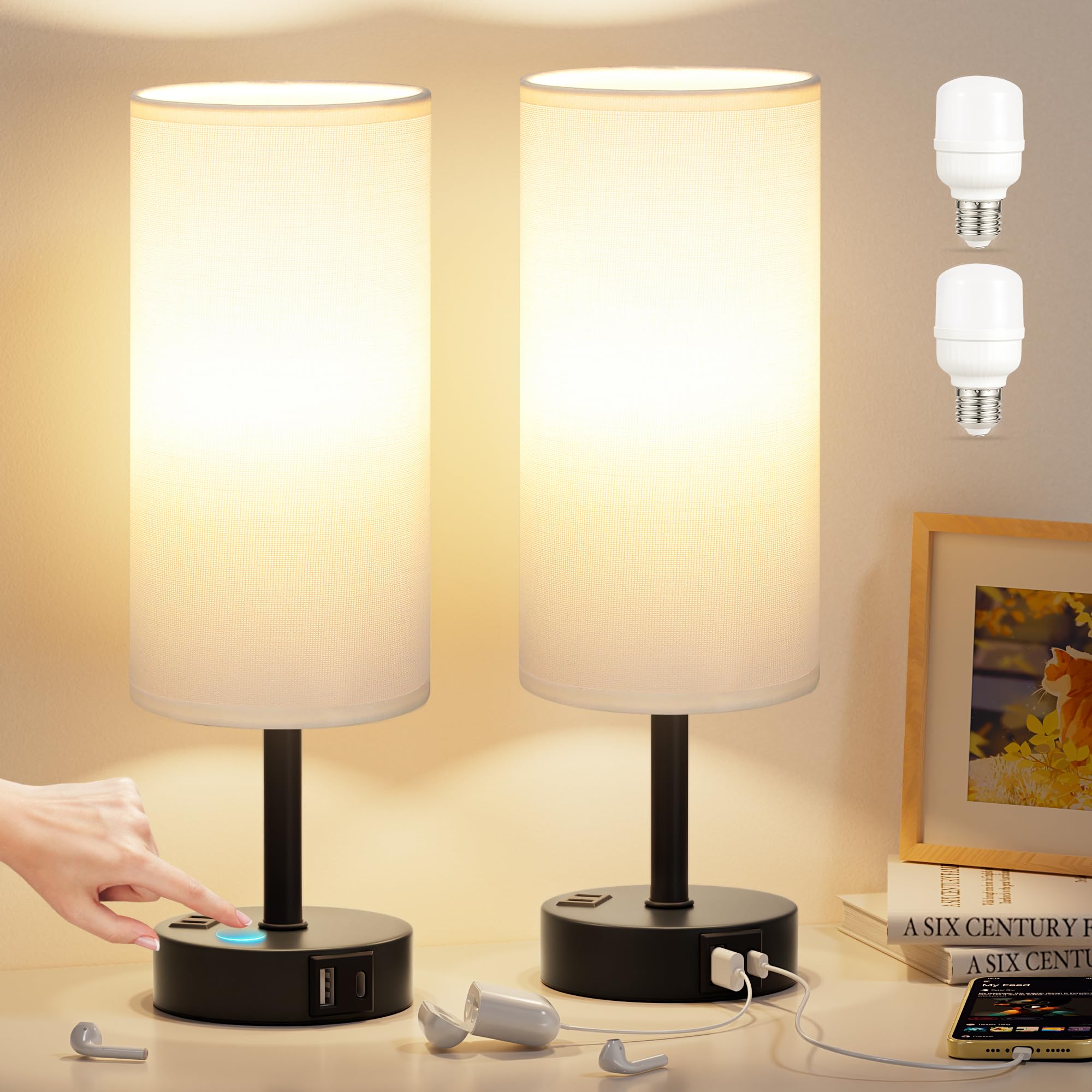 Table Lamp for Bedroom Set of 2 - Touch 3 Way Dimmable Bedside Lamps with USB C and A Ports, Night Lamp for Nightstand with AC Outlet, Desk Lamps for Living Room