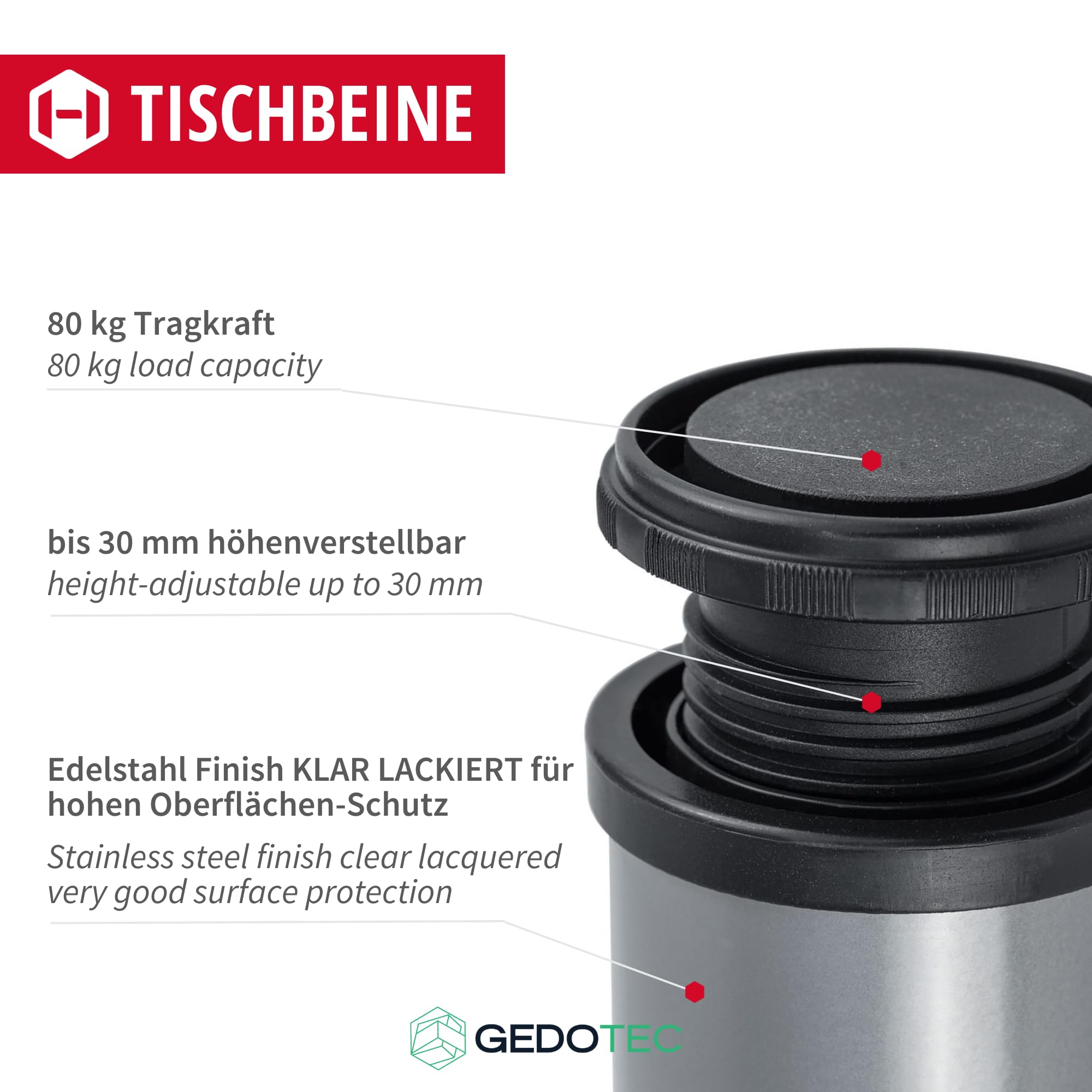 Gedotec Tafelpoten metaal zilver mat Eco D 60 mm | 4 stuks | in hoogte verstelbare tafelpoten 710 mm 30 mm | incl. bevestigingsmateriaal