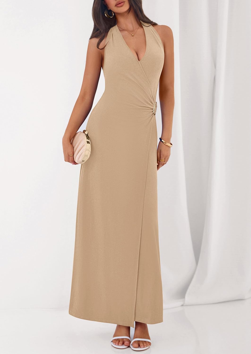 PRETTYGARDEN Halter Dresses for Women 2026 Elegant Classy Spring V Neck Tie Backless Summer Wedding Guest Cocktail Midi Dress - Image 7