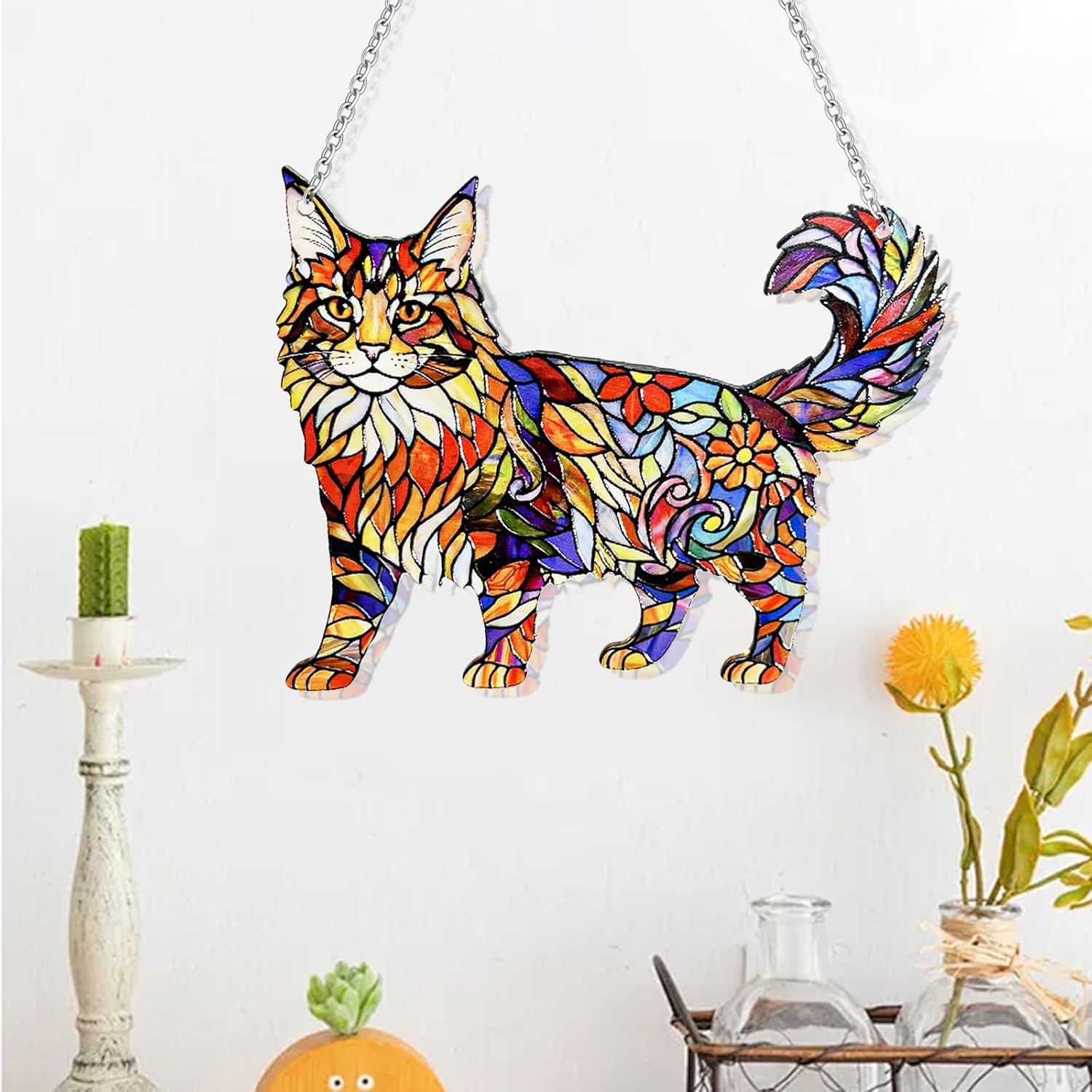 Cat Sun Catcher Stained Glass Window Hanging, Cat Memorial Gift for Cat Lovers, Window Suncatcher Indoor and Outdoor, Witchy Home Decor, Mother's Day/Birthday Gifts, UV Printed Stained Glass Art