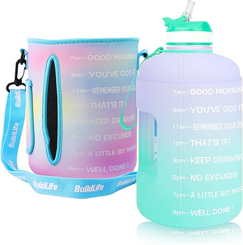BuildLife Botella de agua motivacional de galón de boca ancha con popote y tiempo marcado para beber más diariamente, sin BPA, reutilizable,
