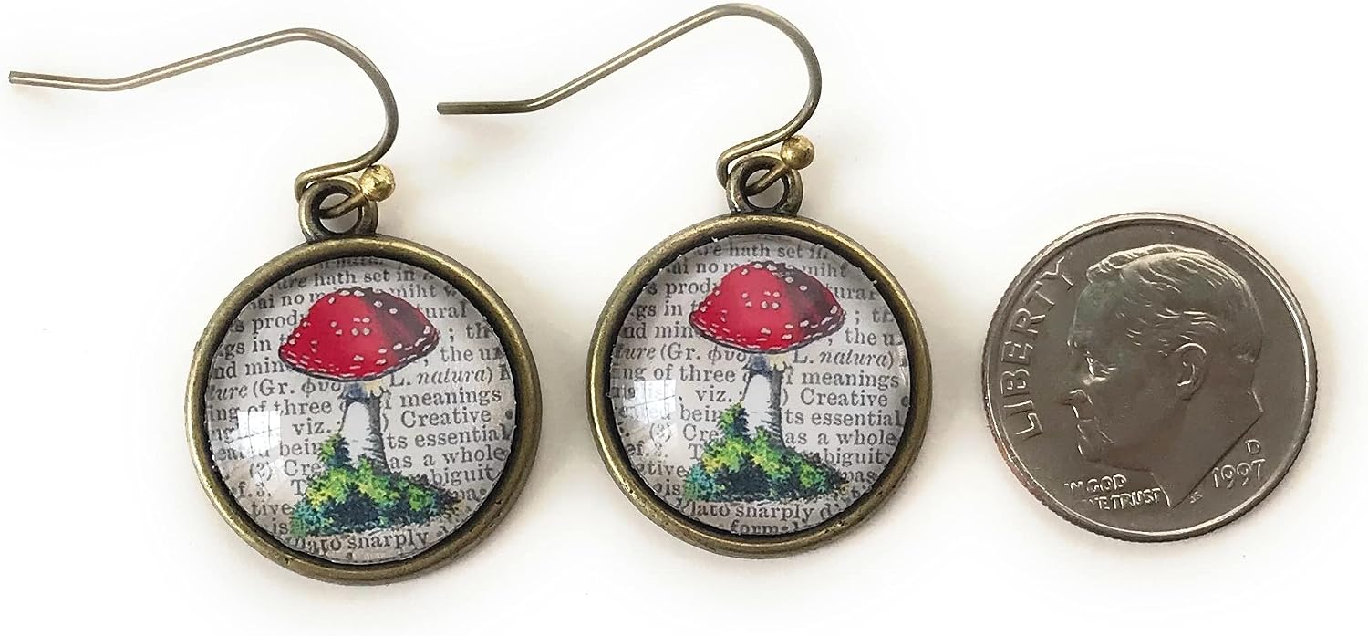 Red Mushroom Earrings for Women - Brass Setting with Glass Cabochon - Vintage Inspired