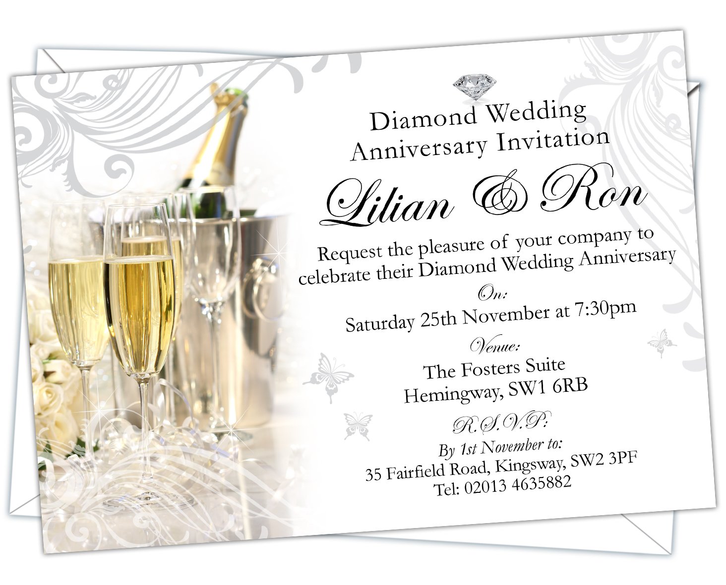 Personalised Diamond Wedding 60th Anniversary Invitations (Design Code:DWA 001) (Pack of 52)