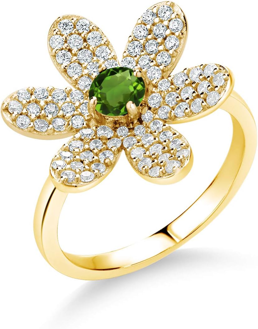Gem Stone King 18K Yellow Gold Plated Silver 4MM Round Gemstone Birthstone Flower Ring For Women By Keren Hanan | Available in Size 5,6,7,8,9