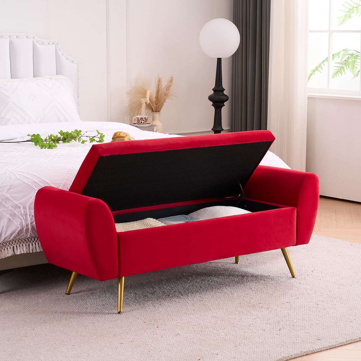 Storage Bench for Bedroom, 55" Extra Long Bench for King Size Bed, Modern Upholstered End of Bed Ottoman Bench with Arms for Entryway Living Room (Velvet, Fuchsia Red)