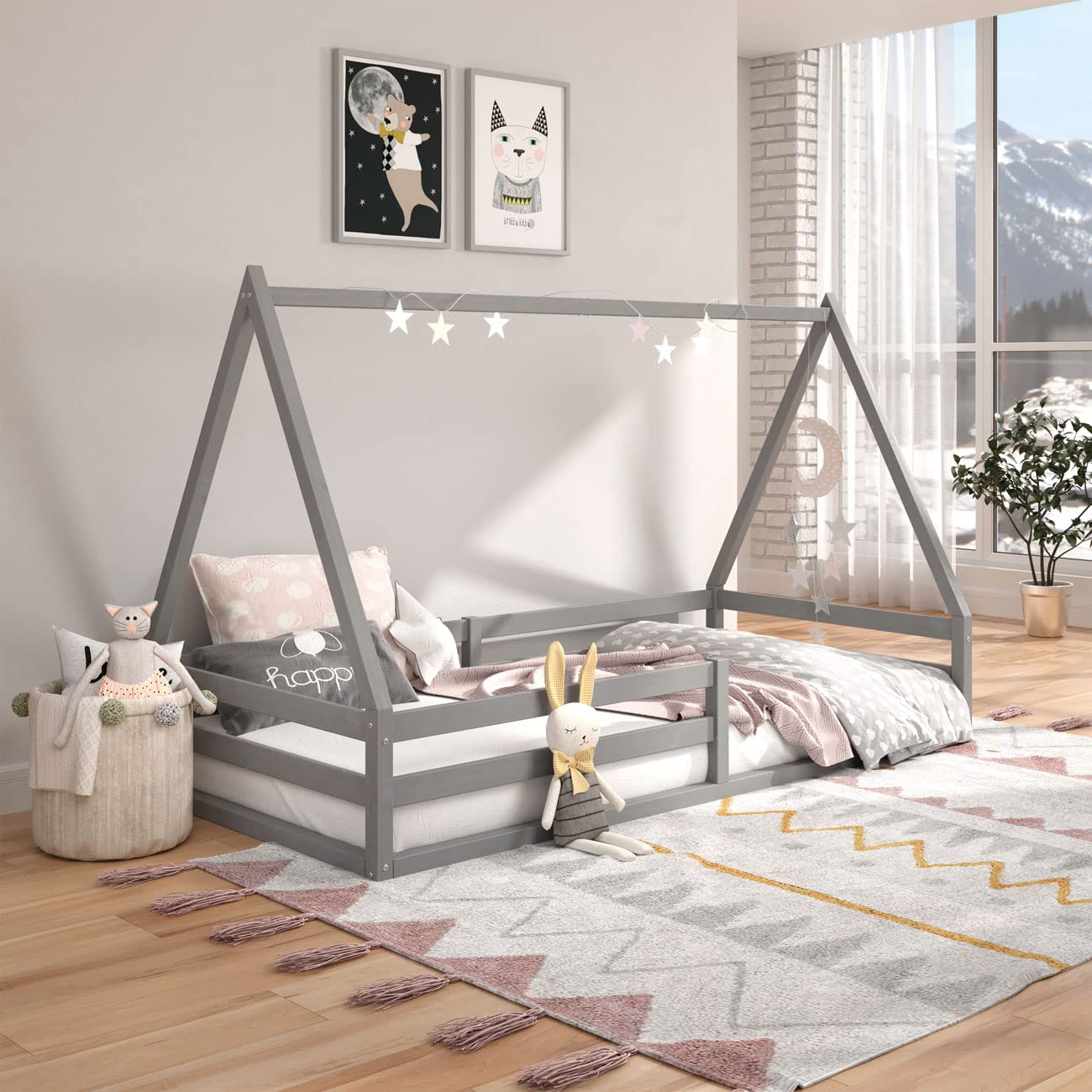 IDIMEX Lit cabane SILA 90x190 cm, lit Simple Enfant 1 Place Type Montessori, en pin Massif Gris
