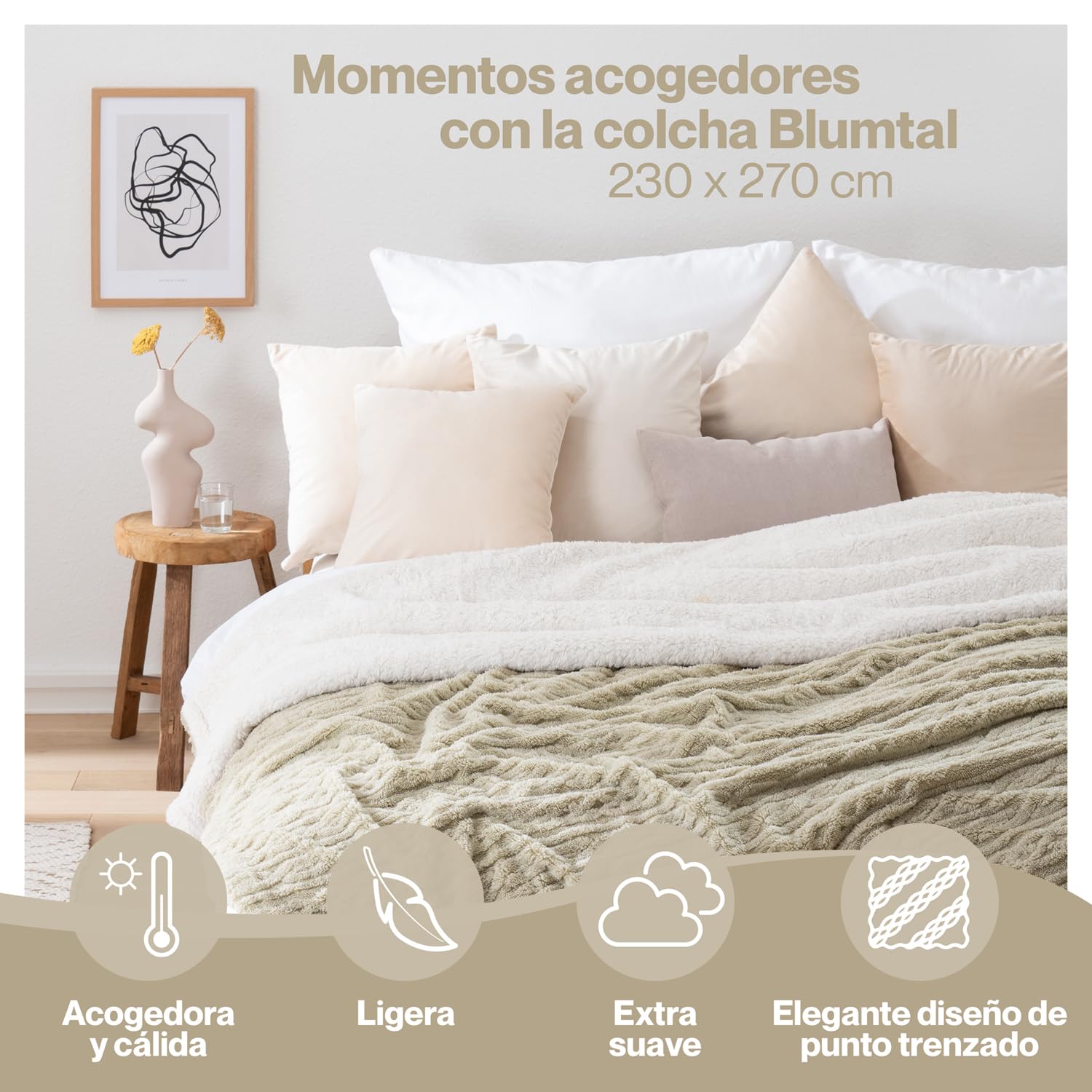 Blumtal Manta Sofa 230x270cm con diseño de Punto Trenzado - Mantas para Cama con Certificado Oeko-Tex - Mantas para Sofa de Microfibra con Suave Sherpa en el revés - Manta para Cama - Beige/Blanco