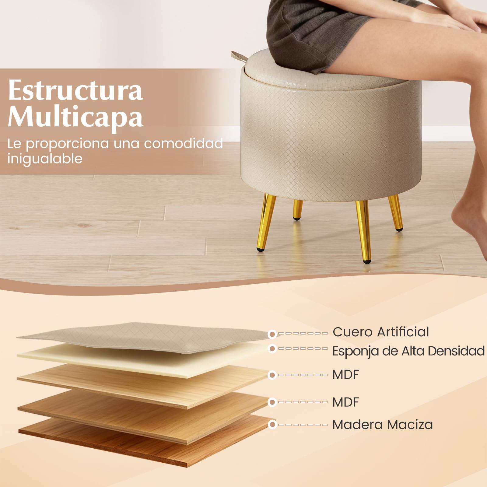 COSTWAY Juego de 2 Puff Almacenaje 23L + 6L, Taburete Tocador Redondo de Piel Sintética con Bandejas de Tapa Abatible, Patas Metálicas Doradas, Mesita Auxiliar y Reposapies en uno para Entrada, Salón