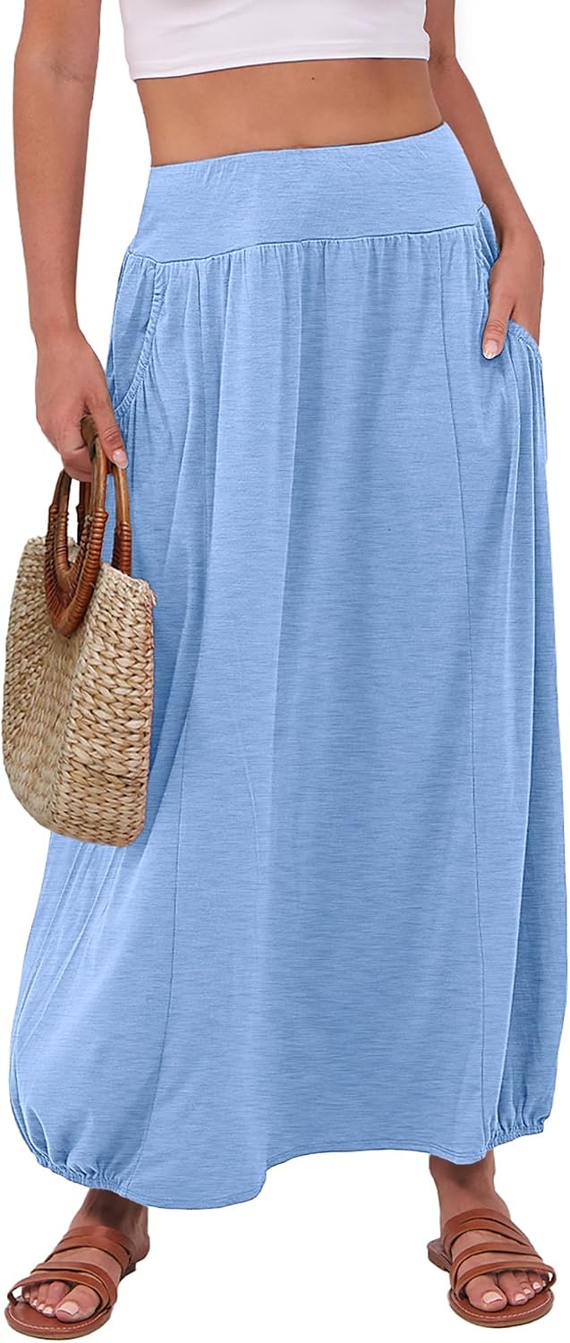 ANRABESS Women's Summer Boho Flowy Maxi Skirts | Elastic High Waist, Bubble with Side Pockets, Soft Lightweight Fabric, Daily, Beach, Vacation & Spring Summer Casual Wear