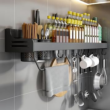 Spice Rack Wall Mounted, Hanging Storage Shelves, Kitchen Wall Shelf, Utensil Rack, Spice Racks Organiser for Spice Jars and Seasoning Bottles, Black, 80cm