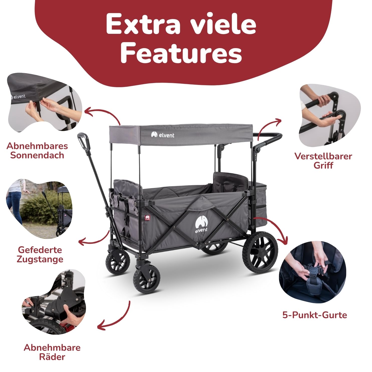 elvent® SmartCruiser Premium Bollerwagen - Handwagen faltbar mit Dach I Sitzpolster, Hecktasche, Feststellbremse, Off-Road-Reifen, 5-Punkt-Gurt I für 2 Kinder | Teleskop-Zugstange (Grau)