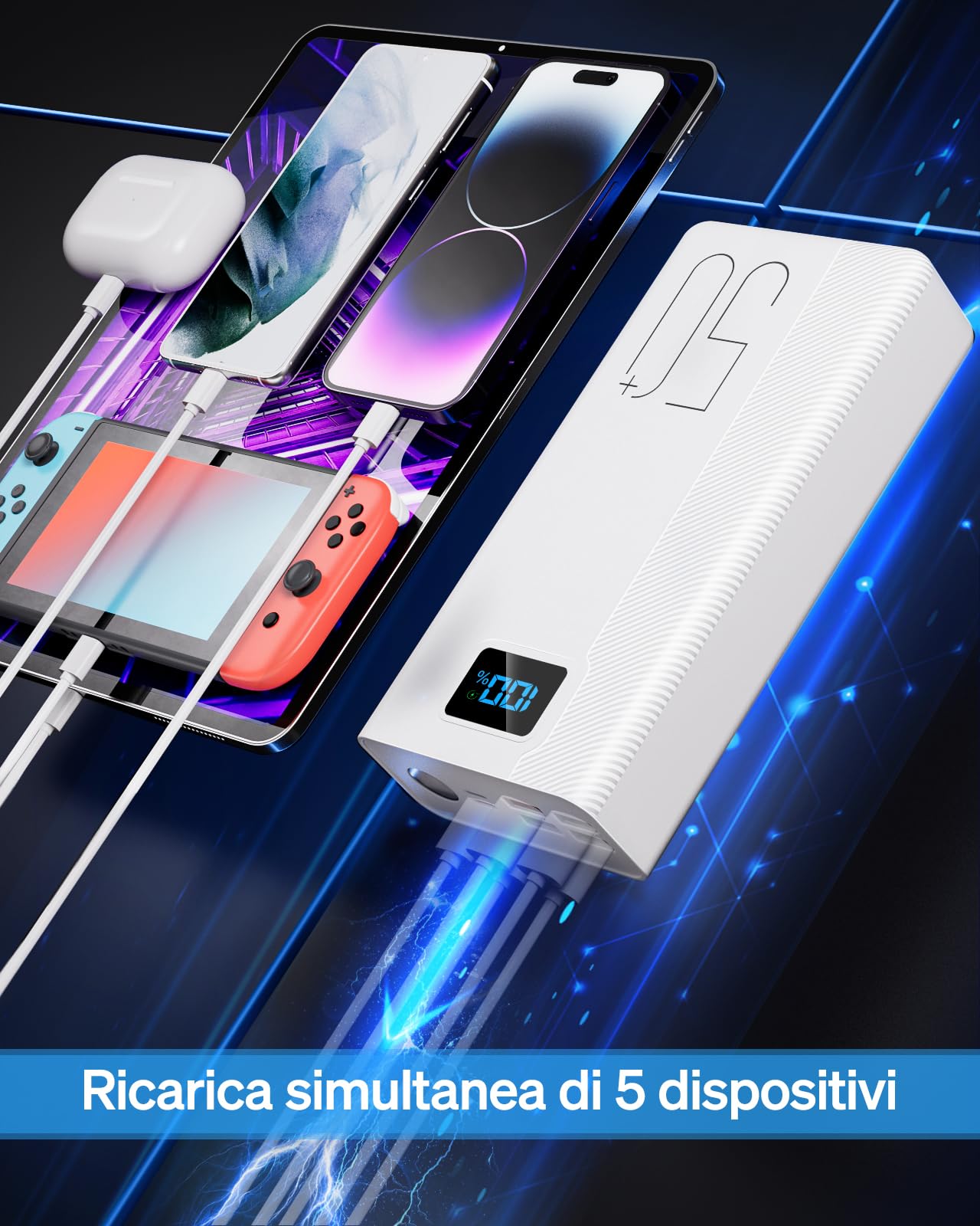 50000mAh Power Bank:22.5W Batería Externa de Carga rápida con Gran Capacidad y 5 Salidas y 3 entradas-Bianco MP3 Player with Display