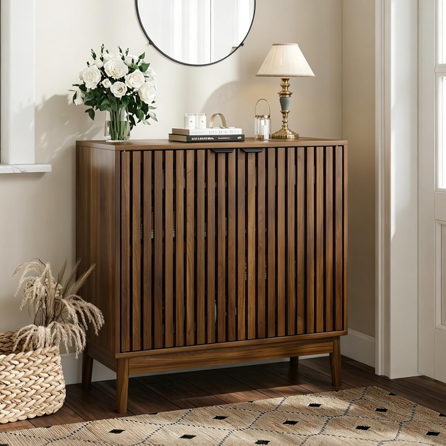 Kiasthome Wooden Sideboard Buffet Cabinet with Slatted Ventilation Doors & Adjustable Shelf, Sideboard Cabinet Storage Cabinet with Ample Storage for Dining Room Entryway (Walnut)