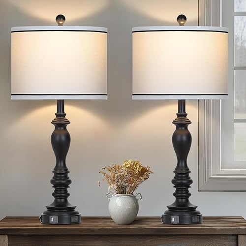 Miniatura 2 de Lámpara de mesa de granja de 27.5 pulgadas para sala de estar, juego de 2 lámparas negras con puertos USB A+C, lámpara de mesa alta de mediados de