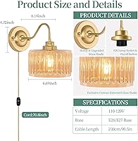 Vista 5 de Apliques de Pared Vintage con Enchufe, Apliques de Pared Regulables Juego de Dos, Lámparas de Pared con Cable de Enchufe y Pantalla de Cristal