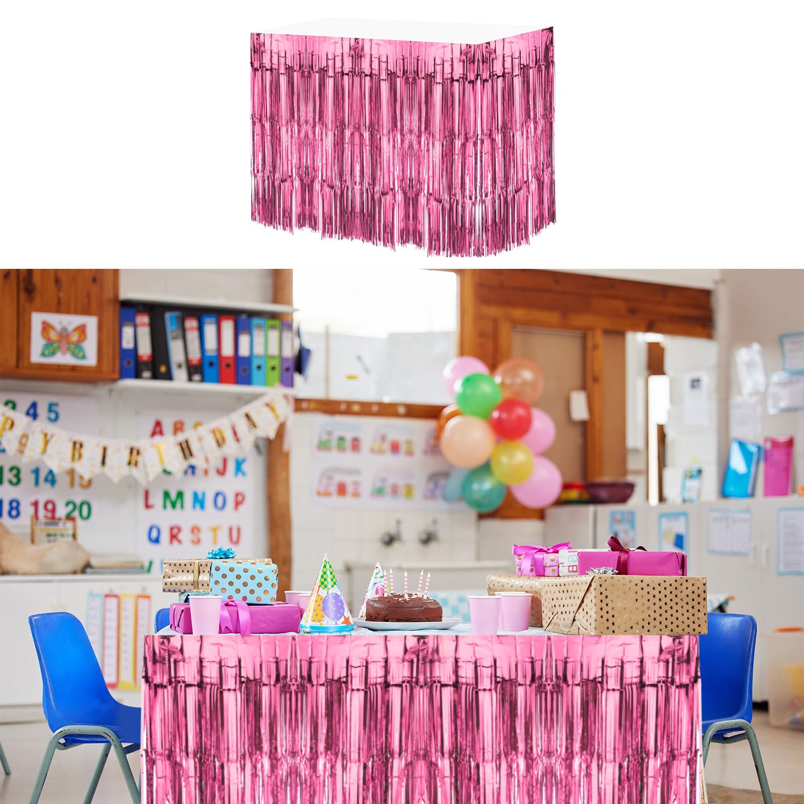 QUARKZMAN 4 Pcs 29x108 Pouces Rose Jupes de Table à Franges en Feuille Métallique, pour Tables Rectangulaires, Rideau d'Arrière-Plan pour Décoration de Mariage, Fête d'Anniversaire