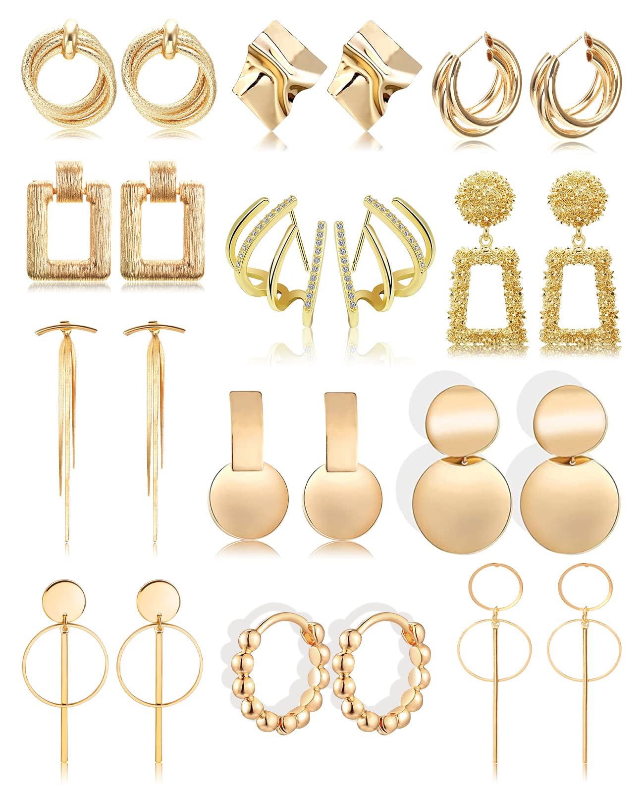 FIFATA12 Pairs Claw Earrings Statement Hoop Earrings Gold Bead Bar Tassel Hanging Retro Drop Dangle Earring for Women Big Geometric Earrings for Girls Hypoallergenic Jewelry Gift