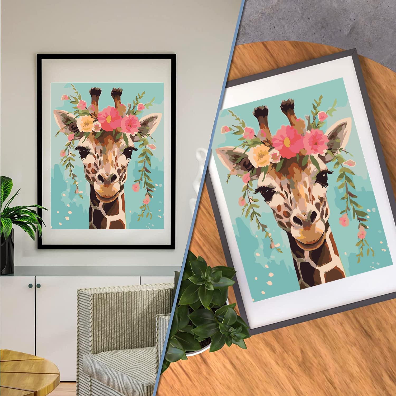 DIY Ölmalen Nach Zahlen Für Erwachsene – Afrika Tiere Elefant & Giraffe, 40,6x50,8 Cm Leinwand Mit Rahmen