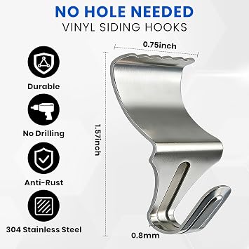 FURWEY Vinyl Siding Hooks, 20 Pack, Heavy Duty Stainless Steel | No Hole Vinyl Siding Clips, for Outdoor & Festive Decoration