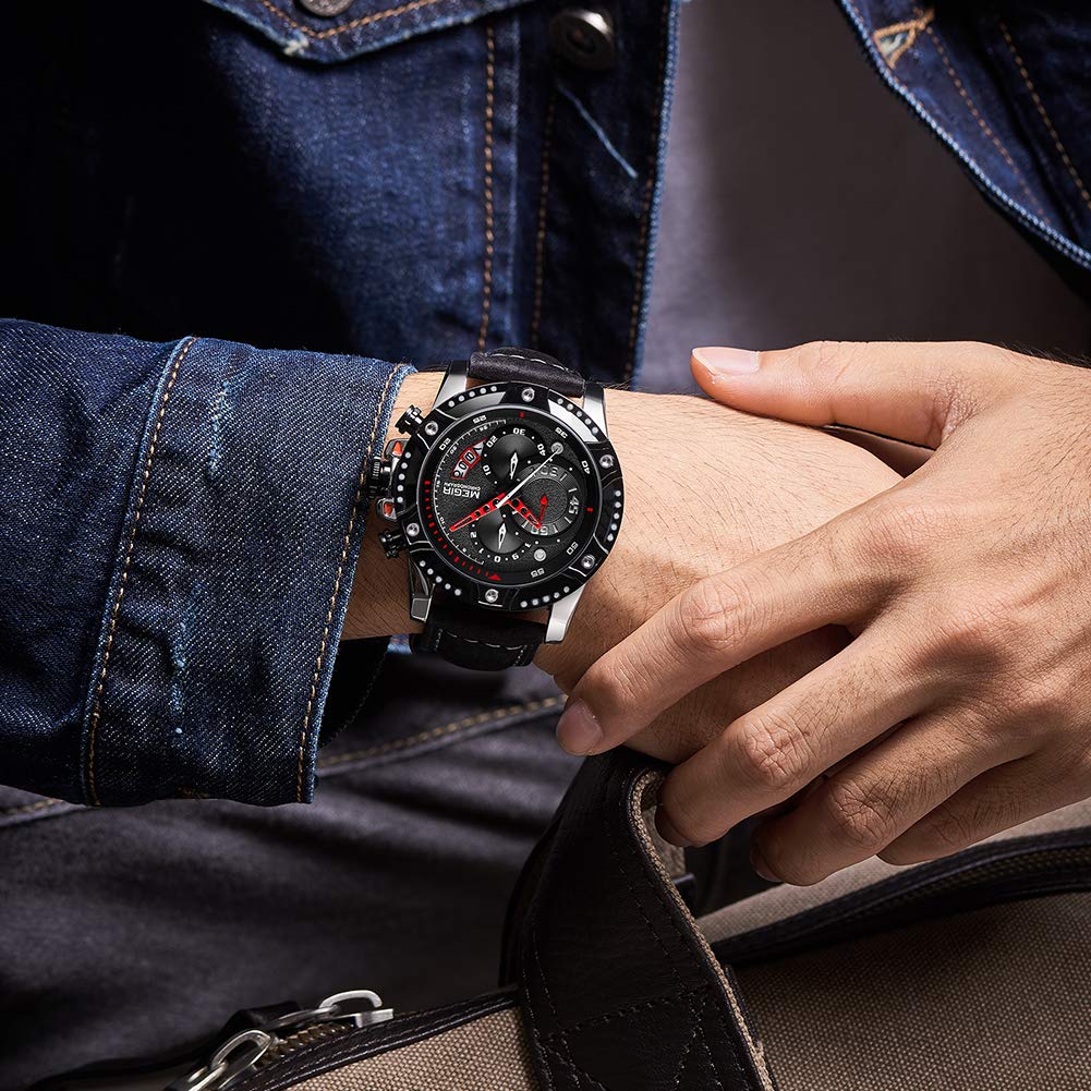 MEGIR Men's Analog Quartz Chronograph Watch - Big Face Sports Watch With Black Leather Strap