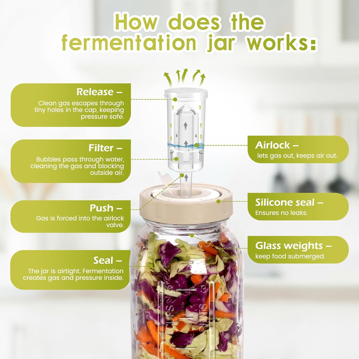 64oz Glass Fermentation Jar, 2L Glass Fermenting Jar with Dial Date Tracker Lids, Airlocks & Weights, Fermenting Kit for Sauerkraut, Pickling, Kombucha & Cider(2 Pack Jars Included）