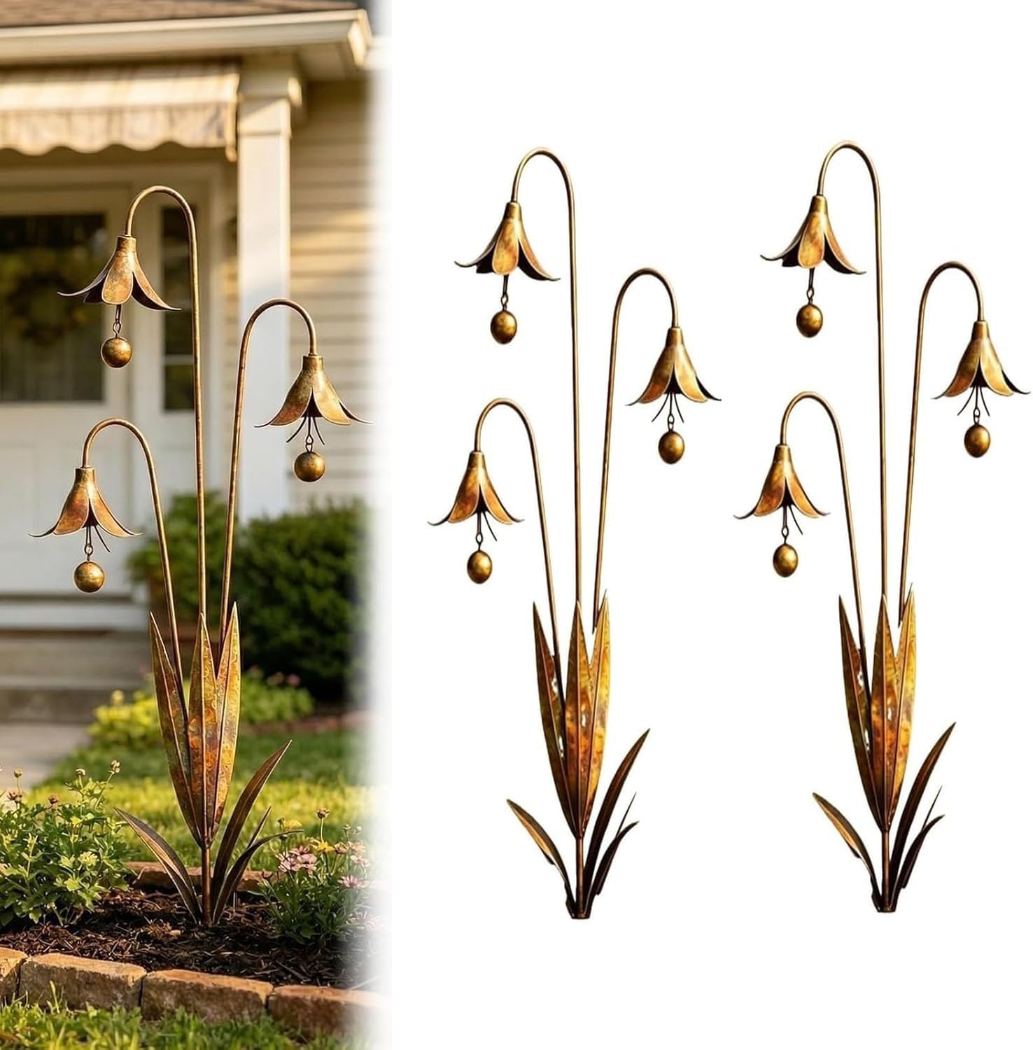 SJPMHYQ Triple Bluebells Garden Stake with Bell, Metal Flower Outdoor Yard Decoration, Weather Resistant Rustic Handmade Ornament for Patio Lawn Walkway(2pcs)