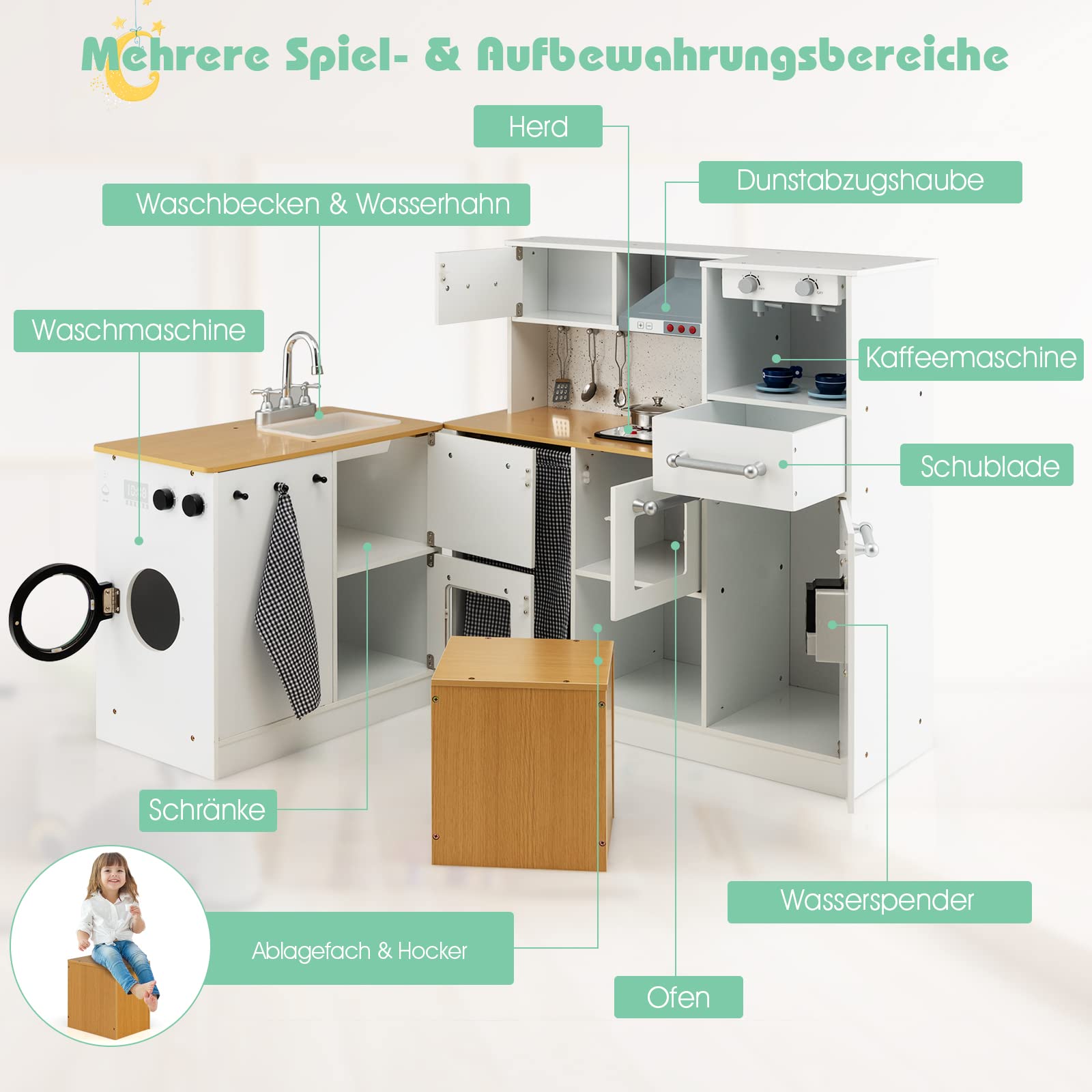 COSTWAY Kinderküche mit Hocker & Spielzubehör, Eck Spielküche mit Licht und Sound, Holzküche Spielzeugküche für Kinder ab 3 Jahren