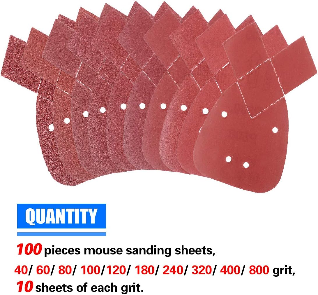 Glarks 100Pcs Triangle Mouse Detail Sander Sandpaper Sanding Paper With 2 Extra Tips Hook and Loop Assorted 40/60/ 80/100/ 120/180/ 240/320/ 400/800 Grits for Black and Decker Detail Palm Sander - - 