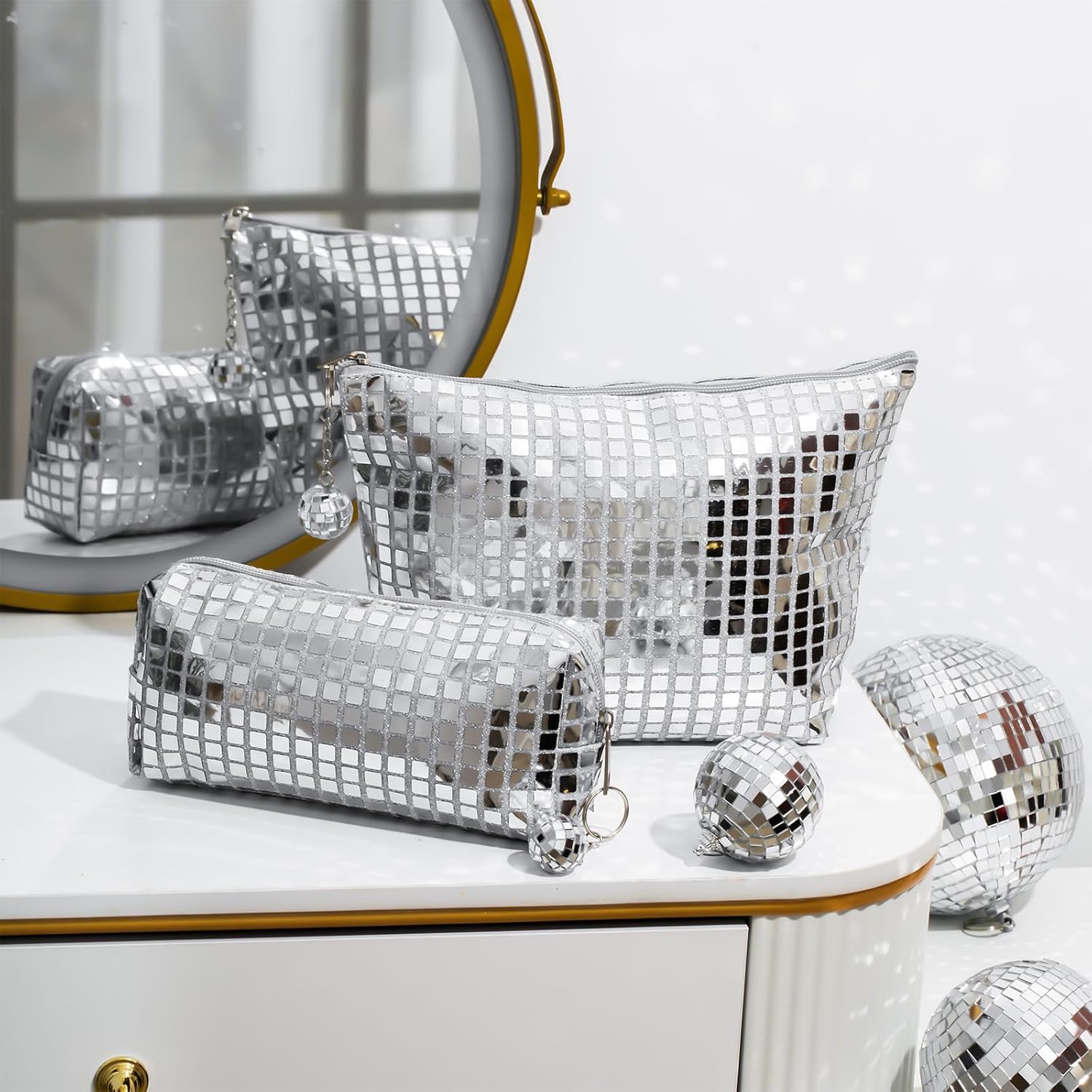 Reginary 2 Pcs Disco Cosmetic Makeup Bags Women Silver Glitter Sequin Mirror Bag Large Travel Handbag with Disco Ball Zipper Storage Makeup Bag for Christmas New Year Bridal Bachelorette Party Gifts - Image 2