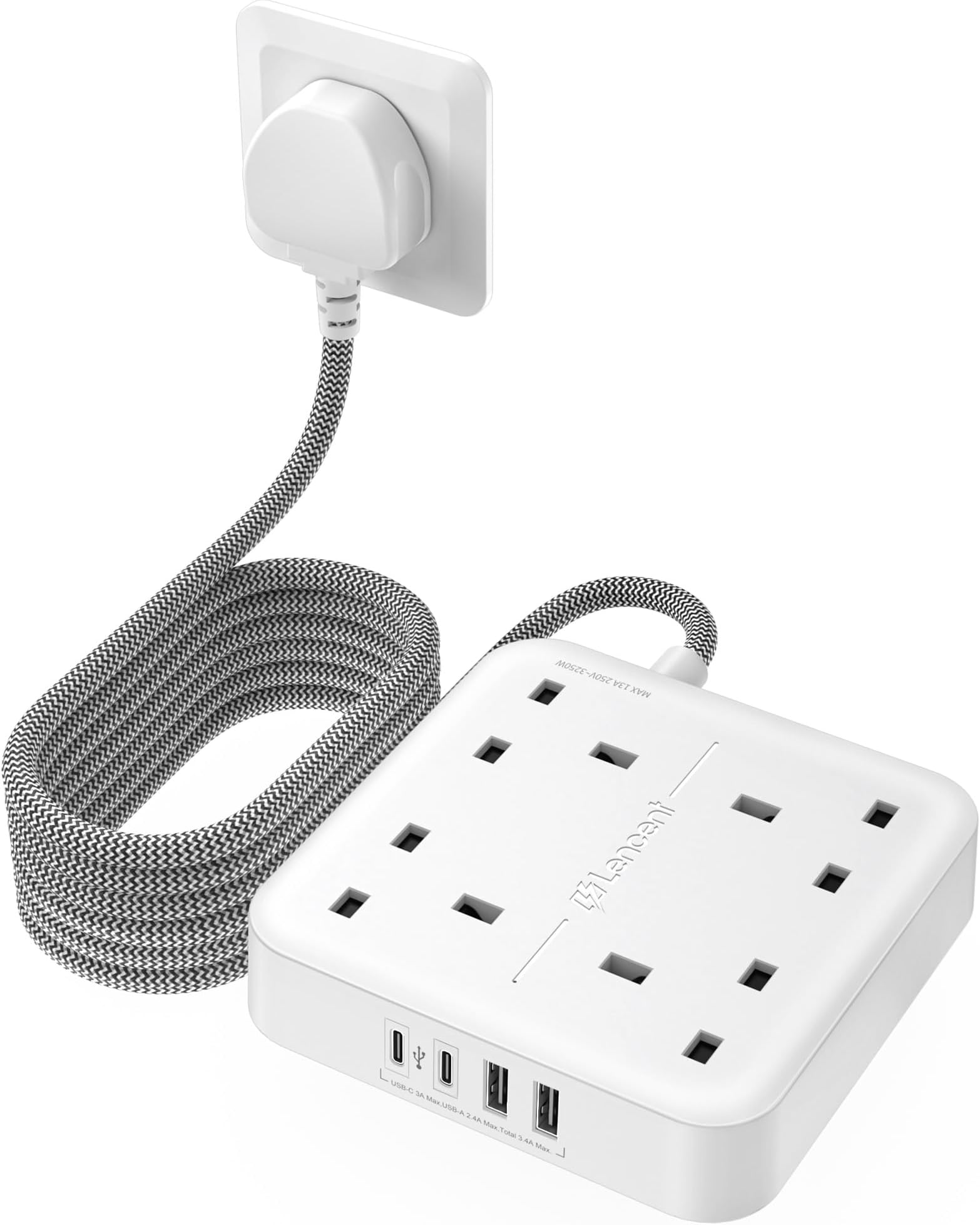 LENCENT Extension Lead with USB C Port, 4 Way Outlets Power Strip with 4 USB Ports (3.4A, 2 Type C and 2 USB-A Ports) Multi Plug Charging Station with 3M Braided Extension cord for Home Office 3250W