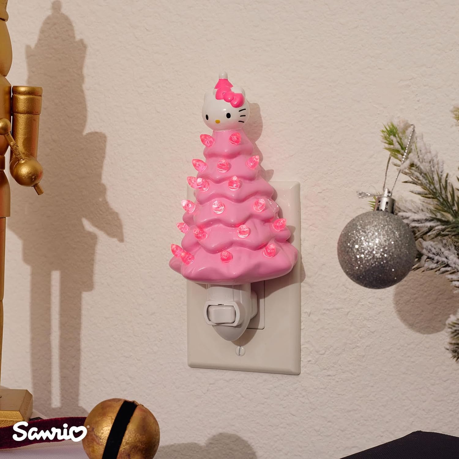 Ukonic Sanrio Hello Kitty Pink 6-Inch Ceramic Christmas Tree Plug-in Nightlight, LED Mood Light