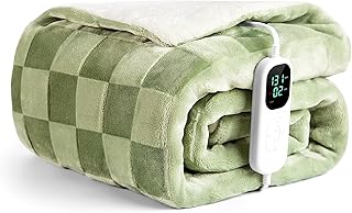 IUUI Checkered Sage Green Heated Throw — Soft Flannel, Fast Heat, 6 Levels & 2‑Hour Auto‑Off (50×60)